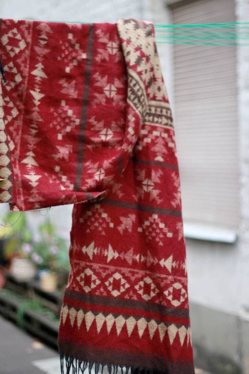 Vintage winter scarf | maxi abstract print scarf in red and brown
