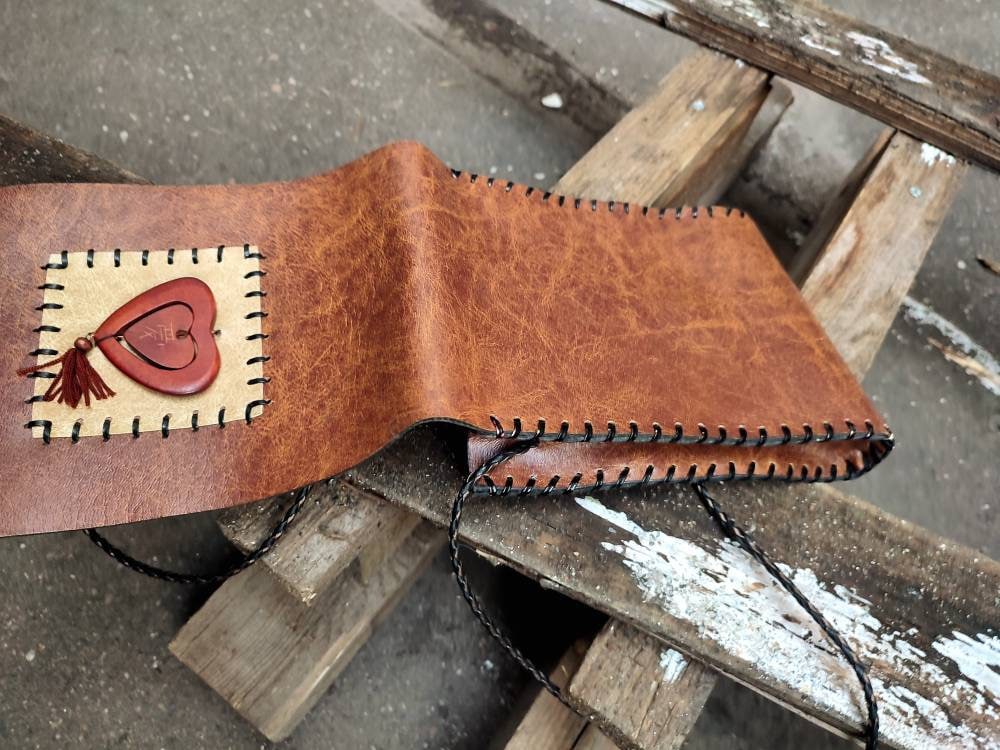 Bohemian Handmade leather compact bag | Vintage brown leather mini shoulder bag with heart shape detail