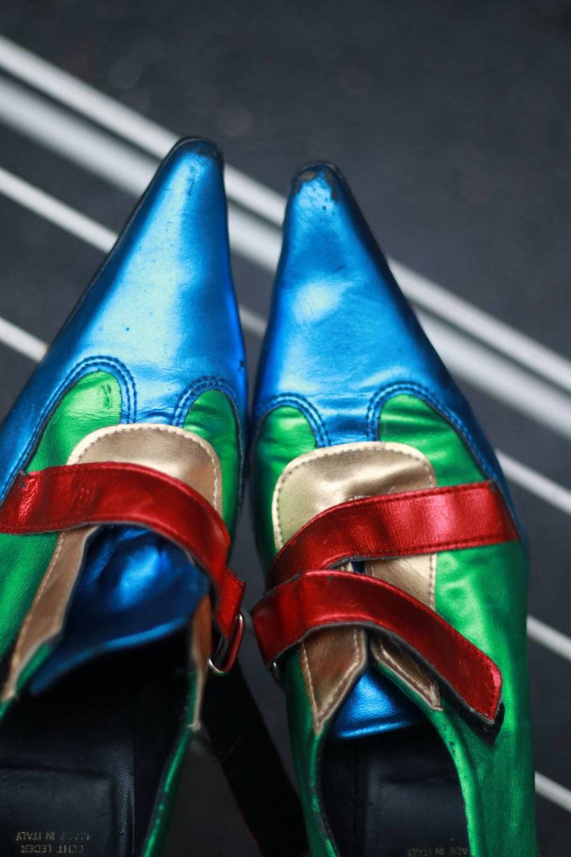 Vintage Andrea Conti Booties| 80s bold leather ankle boots| Blue, Green and Yellow pointed toe shoes