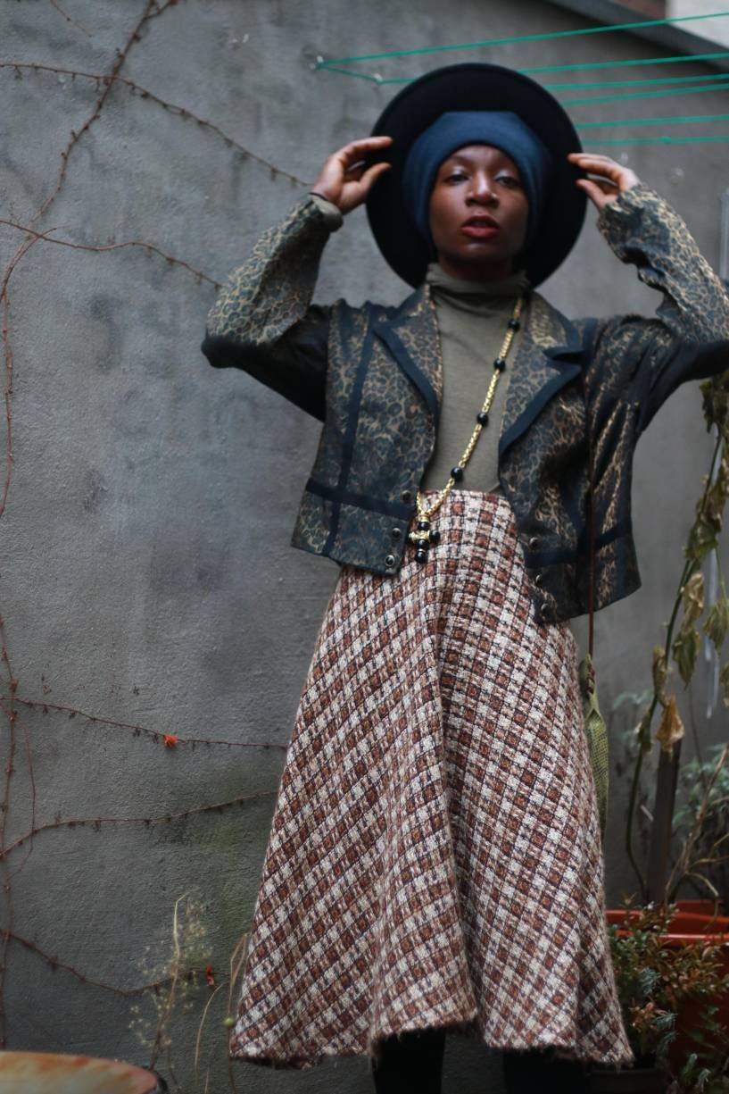 Handmade Boucle-like skirt | Vintage brown and cream checkered midi skirt
