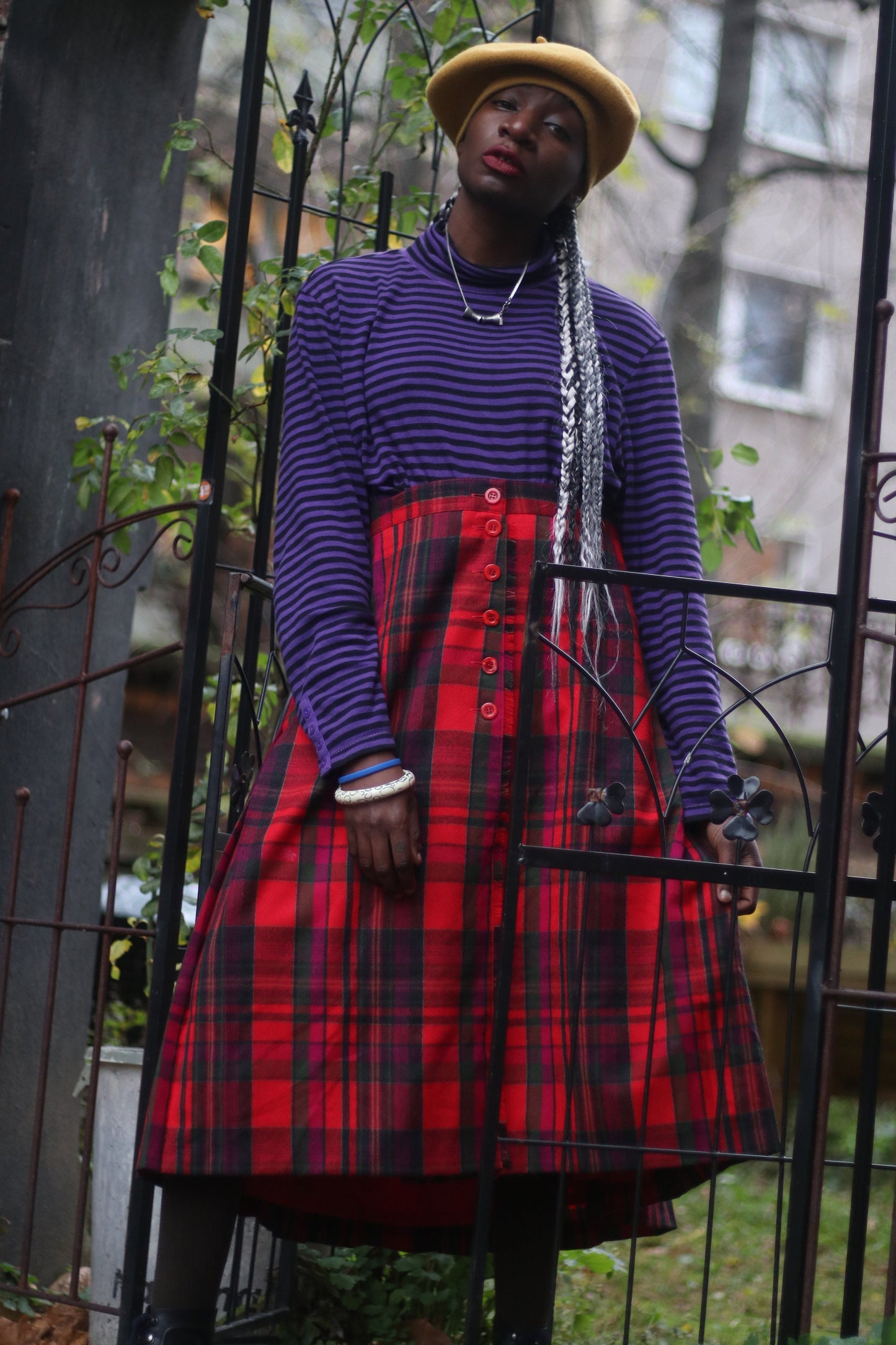 80s Bianca Wool Skirt| Vintage red and black pleated checkered skirt | Preppy plaid over the knee design