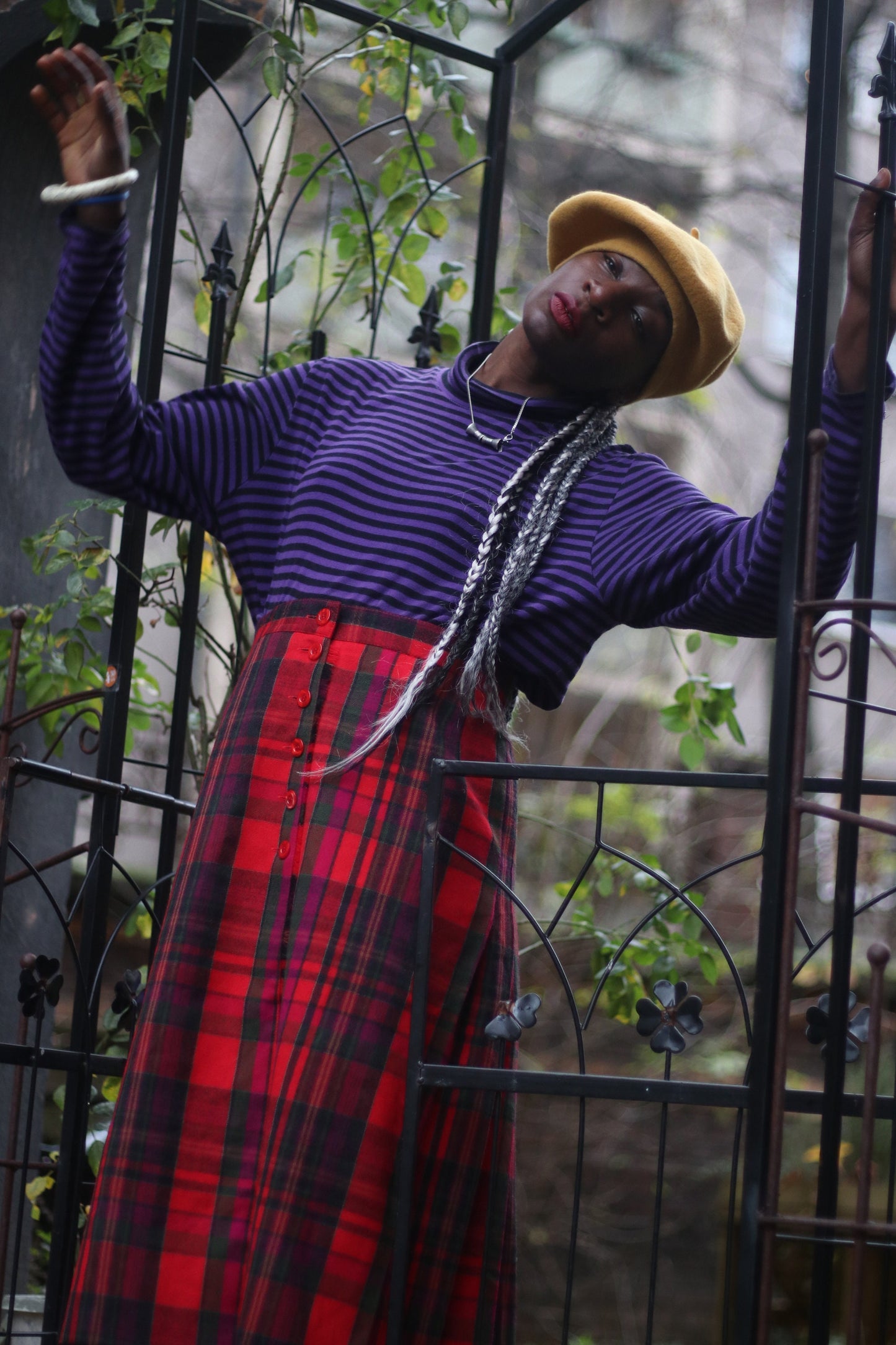 80s Bianca Wool Skirt| Vintage red and black pleated checkered skirt | Preppy plaid over the knee design