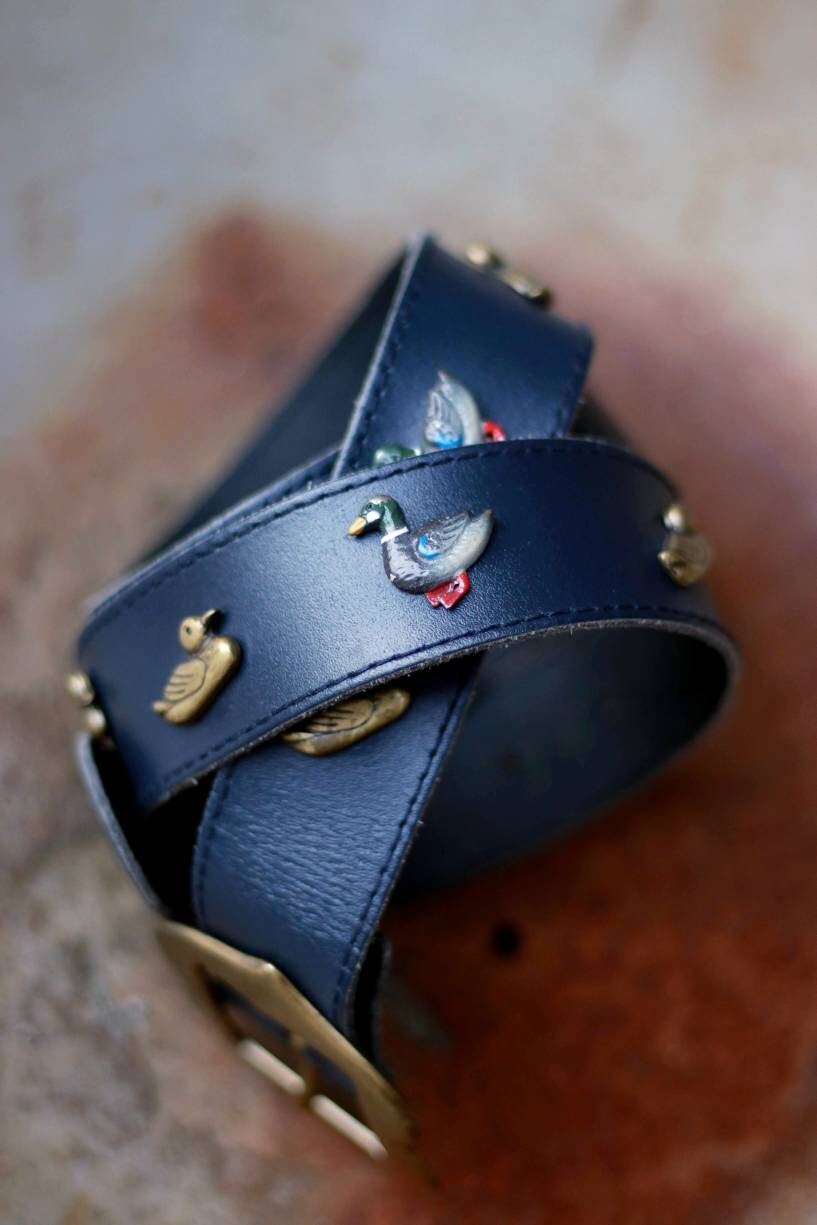 80s Country Inspired leather Belt | Vintage duck studded blue maximalism belt
