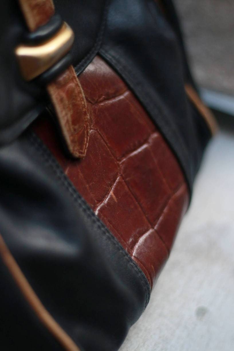 Vintage Black Bag with faux exotic details | Brown and black Shoulder bag with adjustable straps