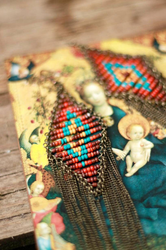 70s beaded chandelier earrings| Vintage hippy jewelry in red and blue| Maximalist bohemian accessory