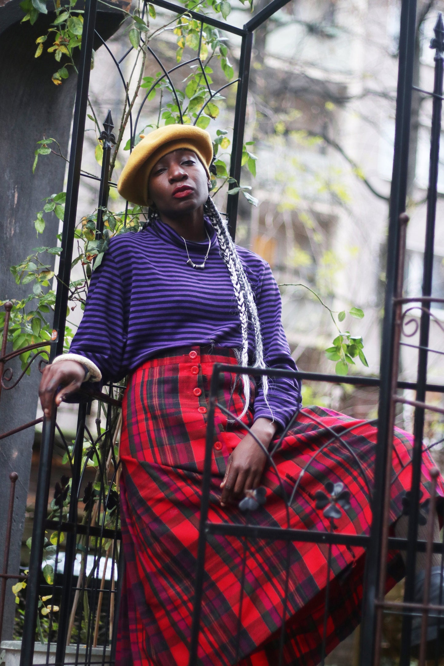 80s Bianca Wool Skirt| Vintage red and black pleated checkered skirt | Preppy plaid over the knee design