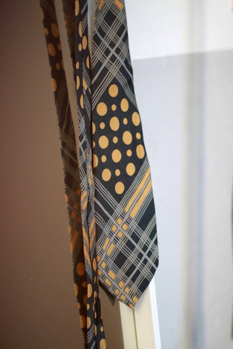 Vintage Polka dotted silk tie| 90s made in Italy whimsical yellow and black necktie