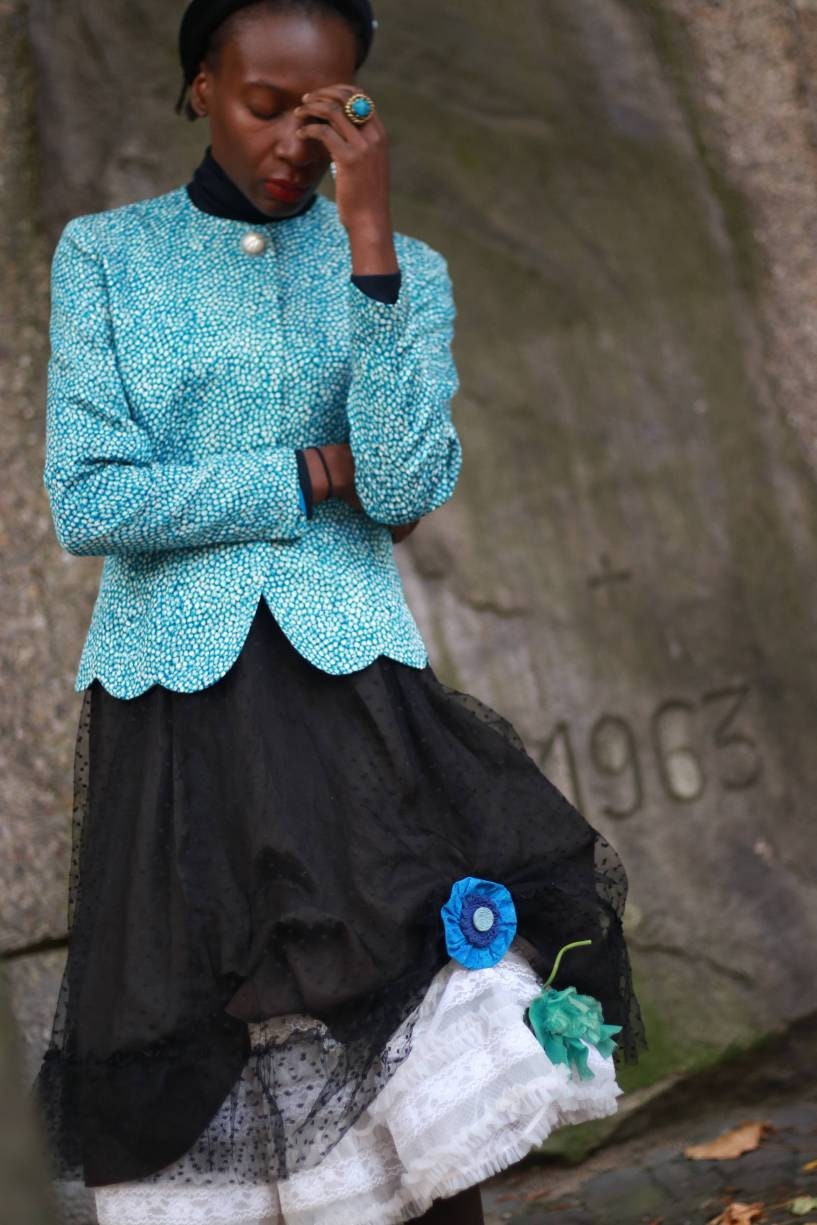 Anne Crimmins For Umi Collections| Vintage Silk Evening Jacket in blue and white with Scalloped hemline