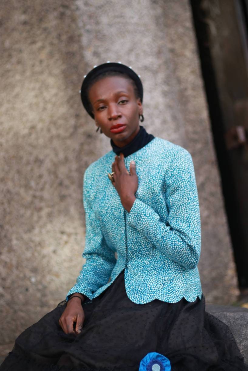 Anne Crimmins For Umi Collections| Vintage Silk Evening Jacket in blue and white with Scalloped hemline