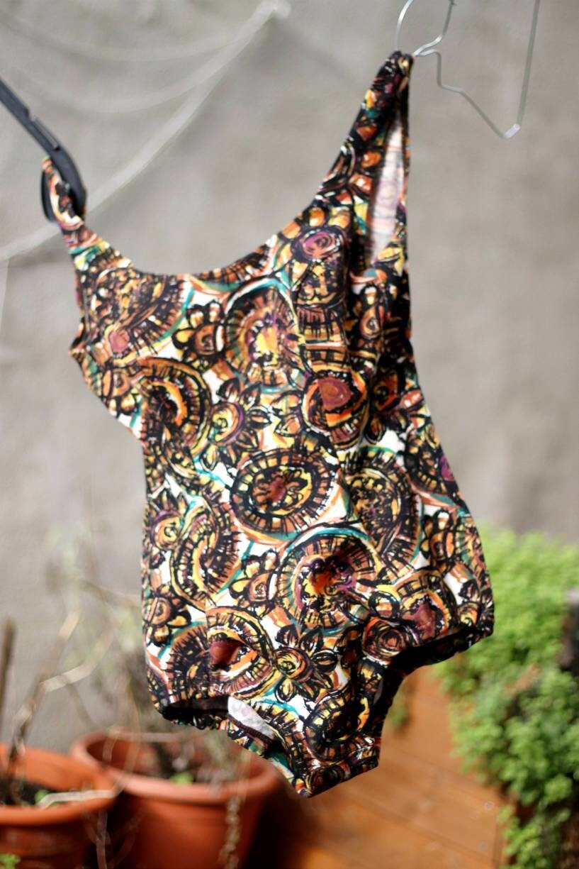 Vintage Bodysuit with bold statement print | 70s handmade brown floral print one piece