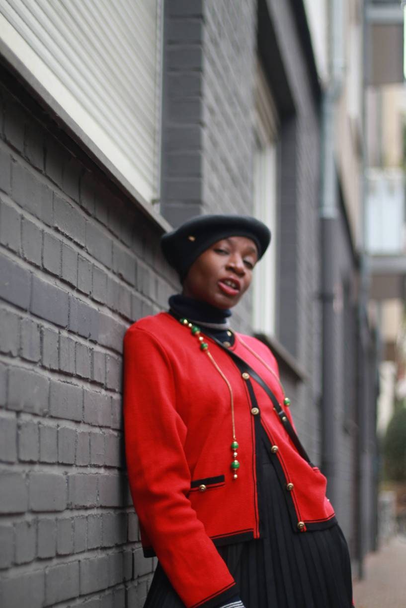 80s Jaeger wool sweater | Vintage red and black cardigan