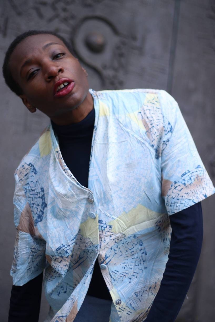 Vintage Paris Devernois Blouse| 90s abstract print blouse in blue and grey| Maximalist buttoned down shirt