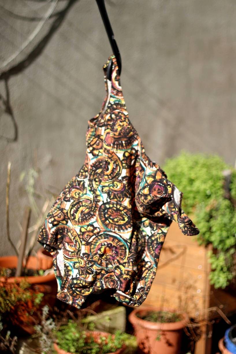 Vintage Bodysuit with bold statement print | 70s handmade brown floral print one piece