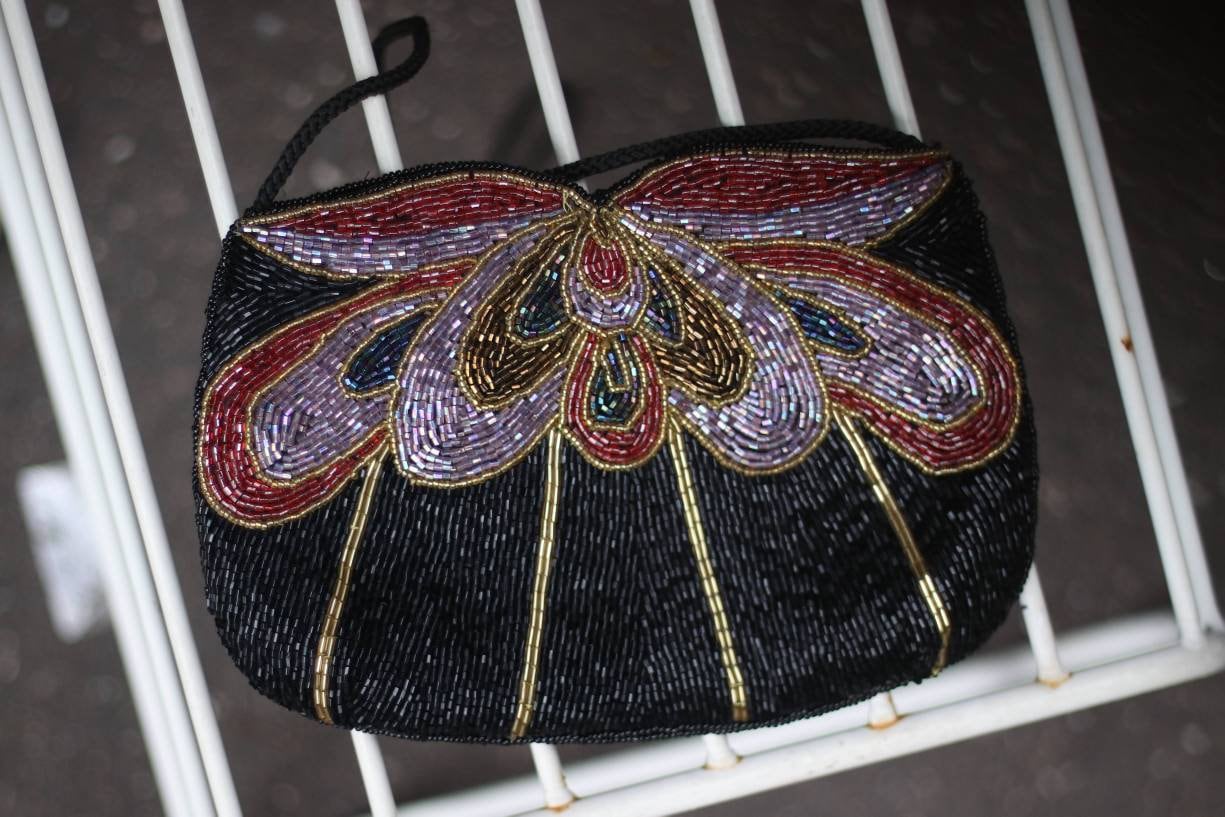 90s sequined bag | Vintage party bag in red and gold.