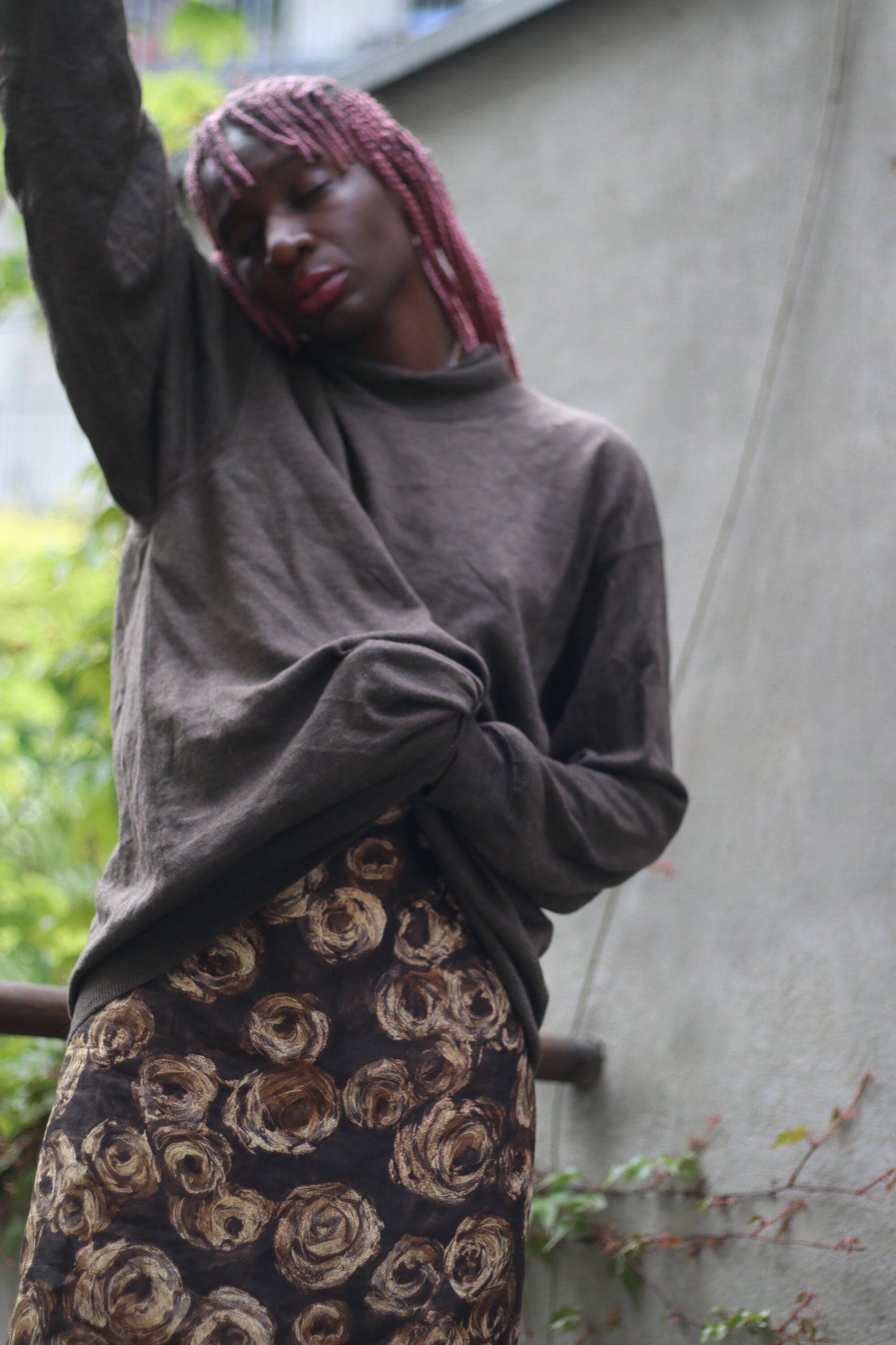 Vintage Brown Skirt with Floral Print | Maximalist design with abstract art print