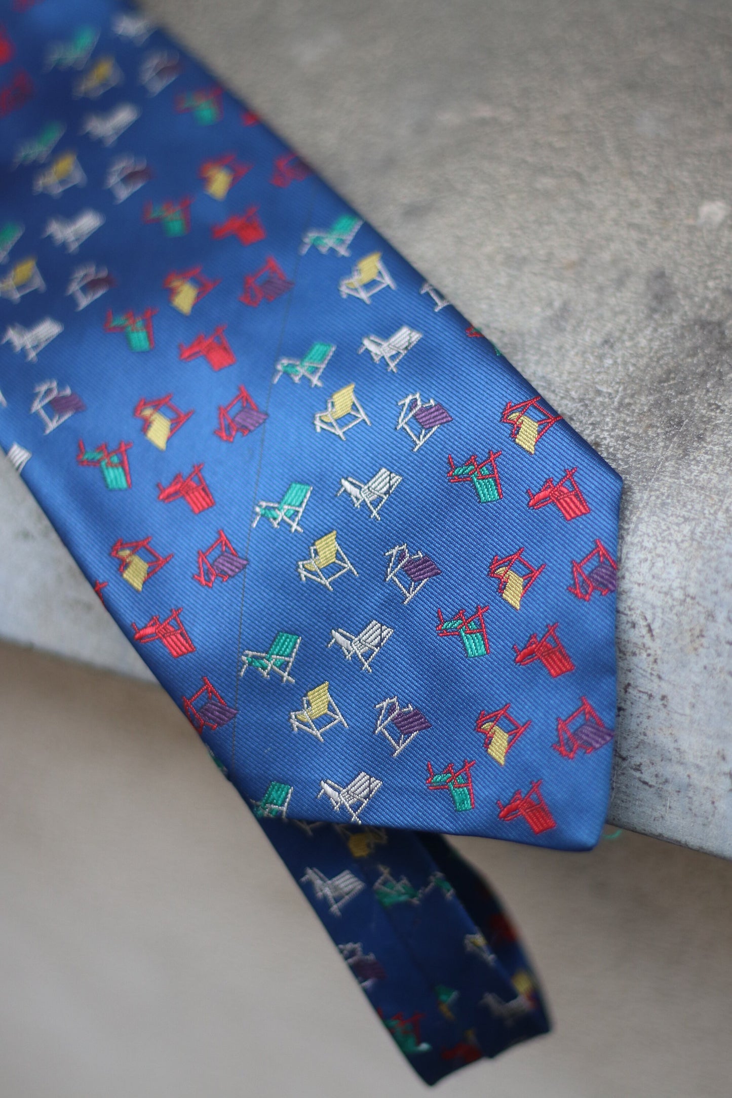 Vintage Blue tie with chair motif 90s quirky menswear suit neck tie
