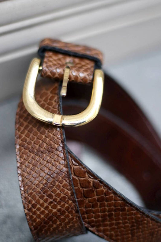 Vintage Brown Faux exotic skin belt | Y2k brown minimalist belt with gold colored buckle