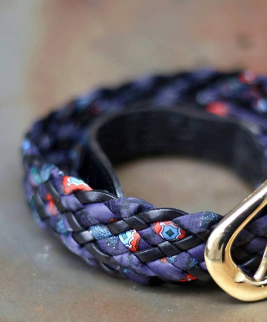 Vintage woven leather belt in blue| 90s leather belt bohemian inspired