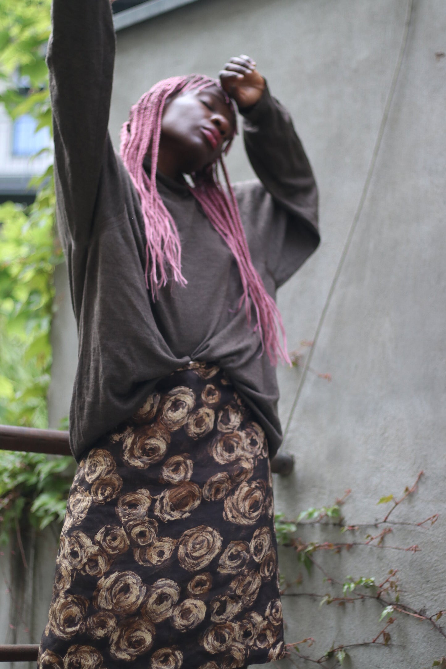 Vintage Brown Skirt with Floral Print | Maximalist design with abstract art print