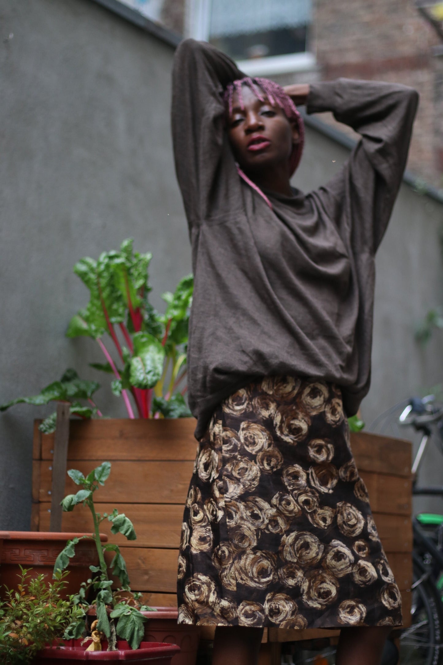 Vintage Brown Skirt with Floral Print | Maximalist design with abstract art print