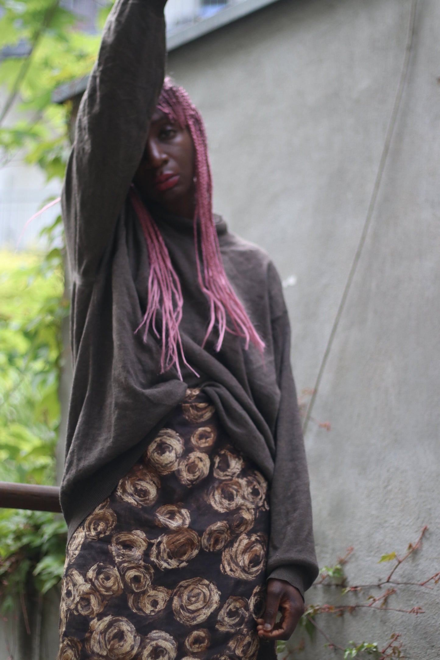 Vintage Brown Skirt with Floral Print | Maximalist design with abstract art print