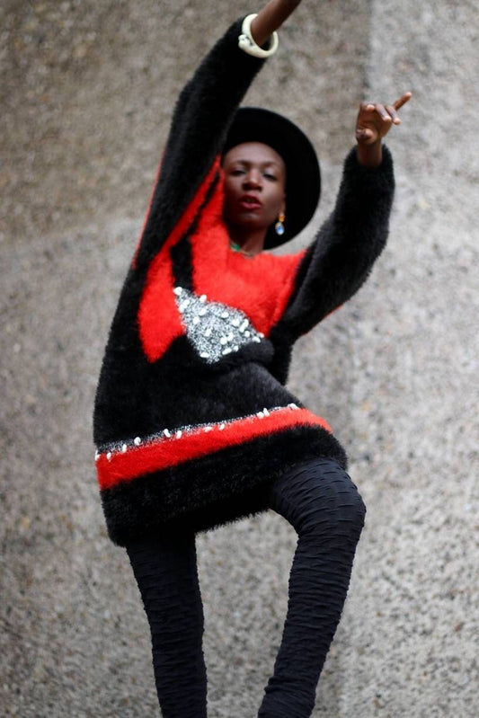 80s Fuzzy Sweater| Vintage crazy print knit| Oversized women's red jumper| Textured red black mini dress| Crazy pattern metallic sweater |