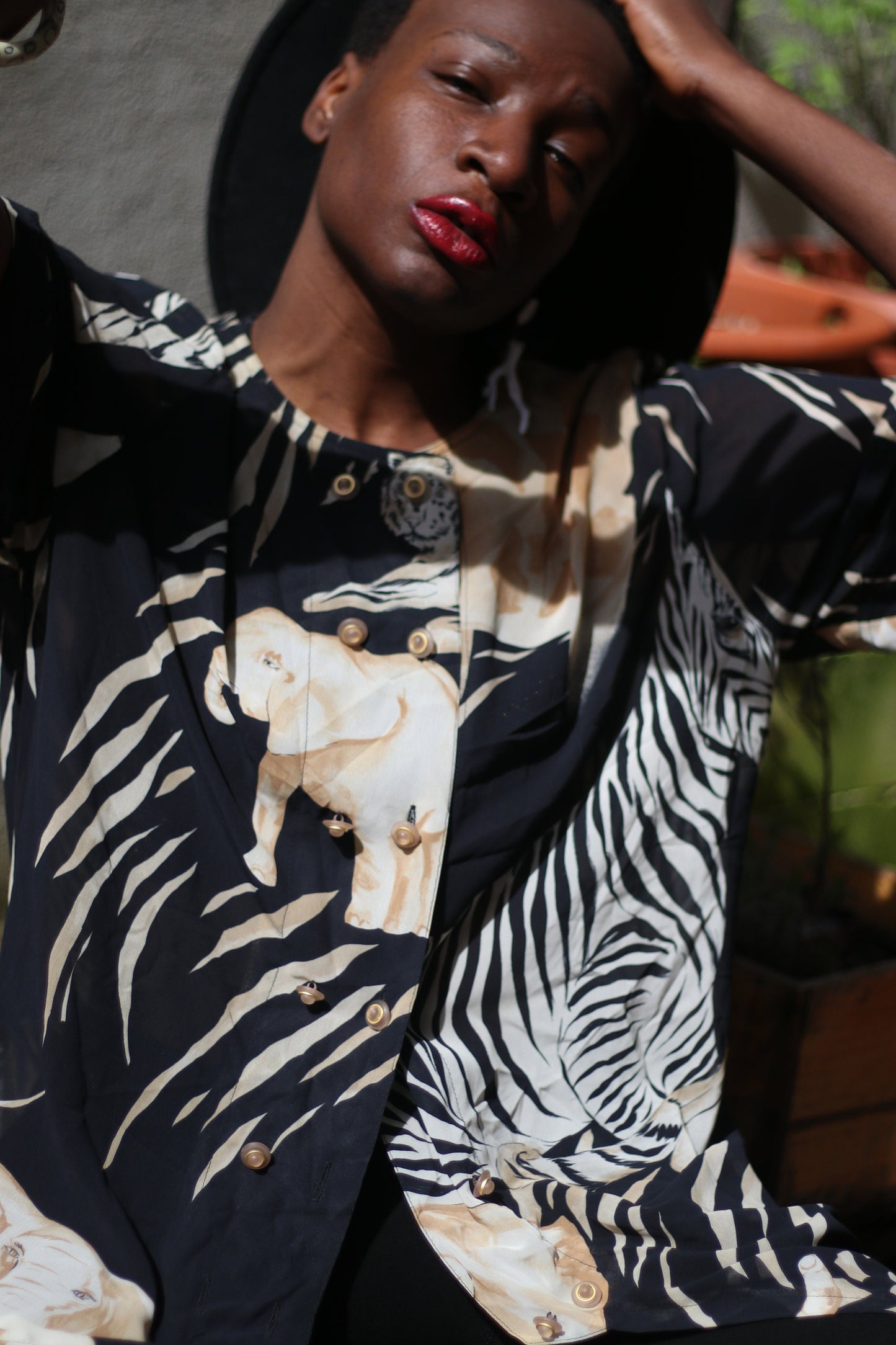 Vintage Sheer Blouse| 90s Janina Schreck Animal Print Buttoned down short sleeved monochrome shirt