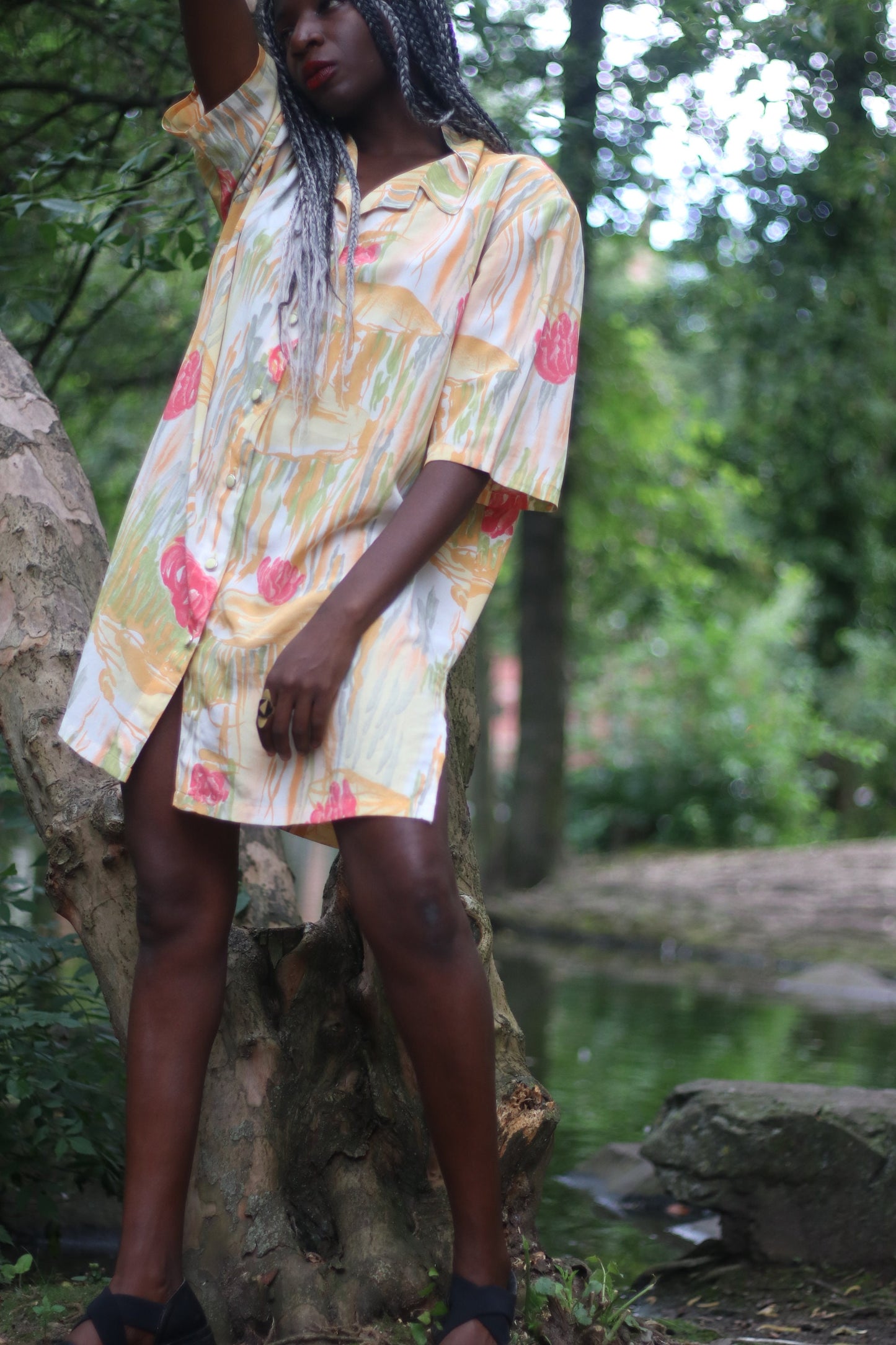 90s oversized floral print Blouse or mini dress| Abstract print tunic| Summer hipster yellow and red shirt