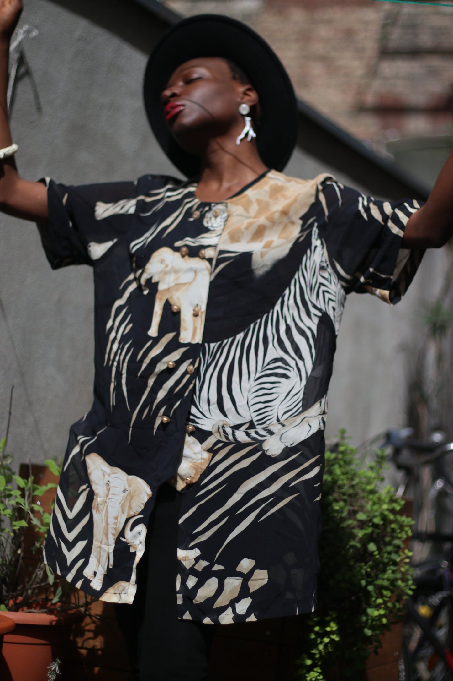 Vintage Sheer Blouse| 90s Janina Schreck Animal Print Buttoned down short sleeved monochrome shirt
