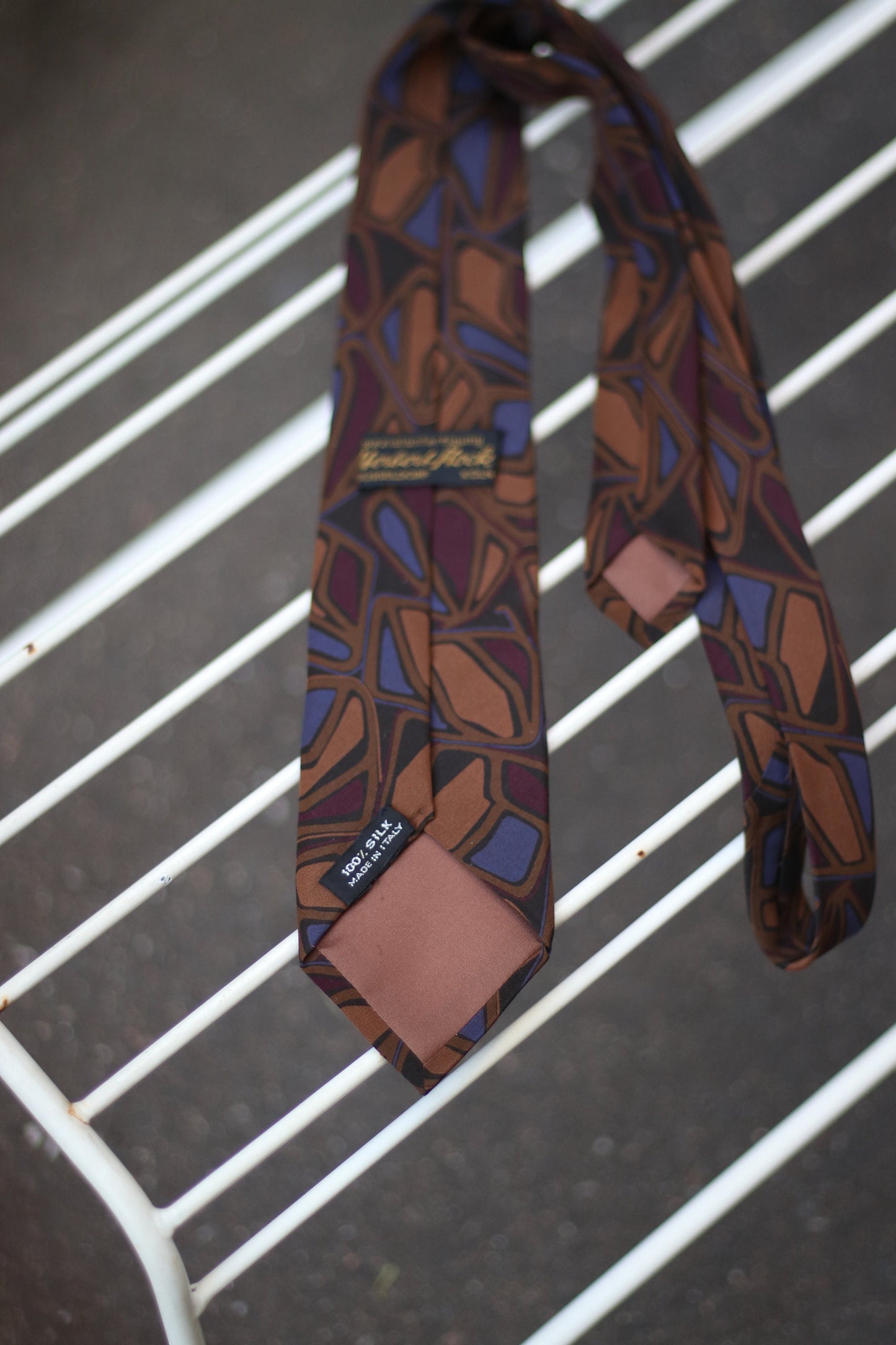90s abstract print silk tie Vintage brown necktie Formal wear accessory Menswear for work