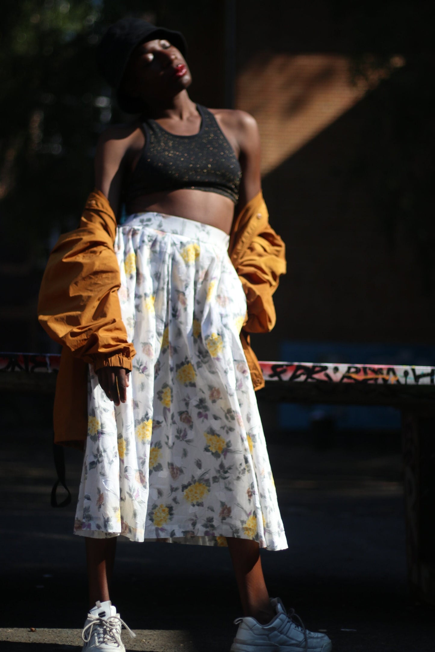 Vintage Skirt with Floral Print | Bohemian pleated Midi skirt in yellow and white