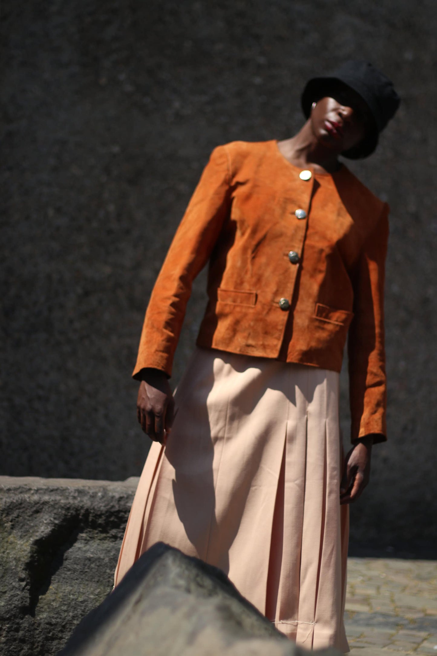 Vintage Suede Jacket| 80s band collar brown blazer with statement buttons| Minimalist cropped design