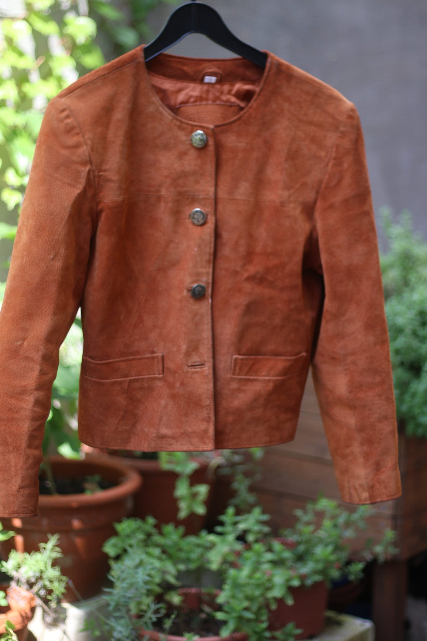 Vintage Suede Jacket| 80s band collar brown blazer with statement buttons| Minimalist cropped design