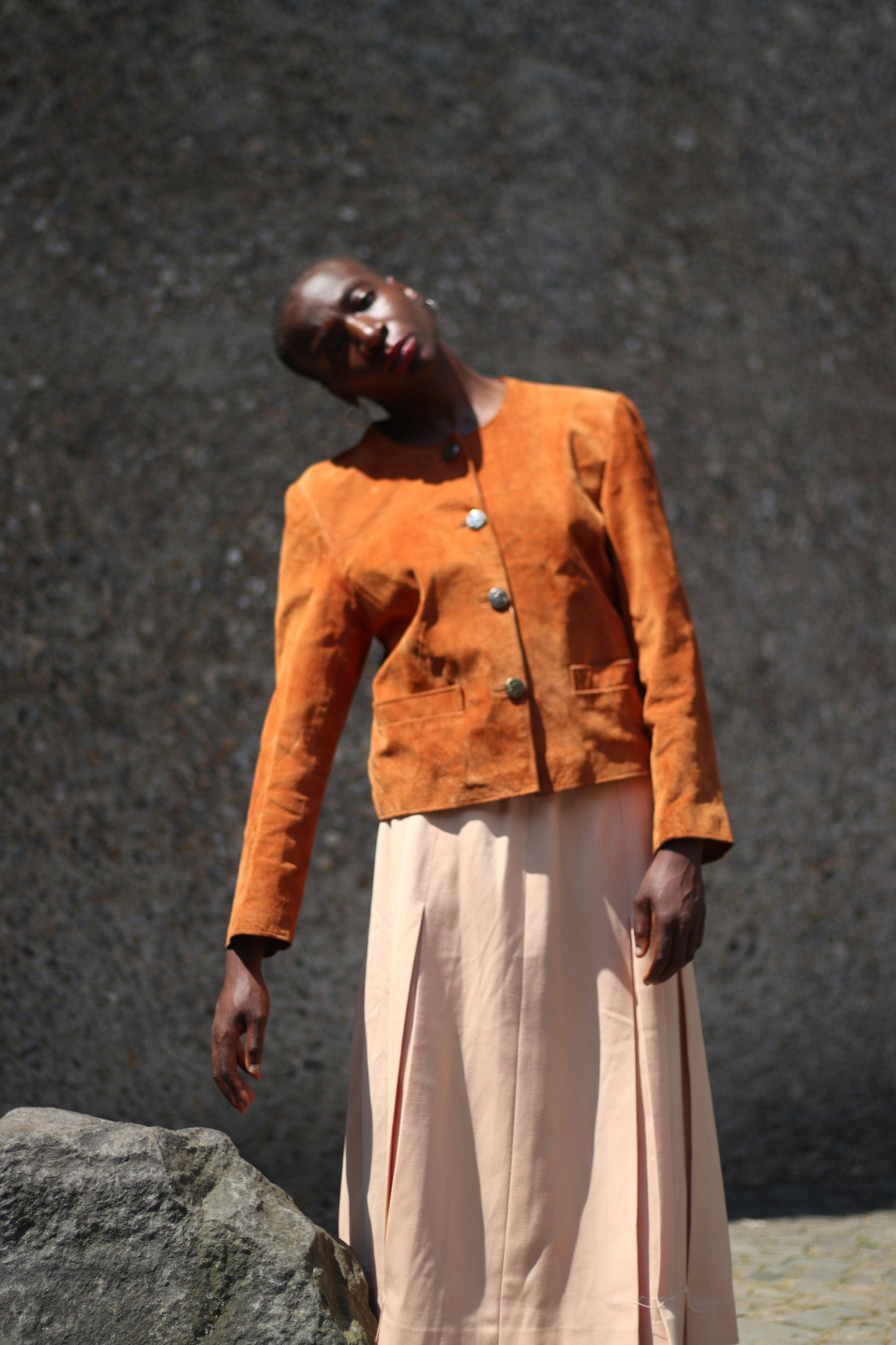 Vintage Suede Jacket| 80s band collar brown blazer with statement buttons| Minimalist cropped design