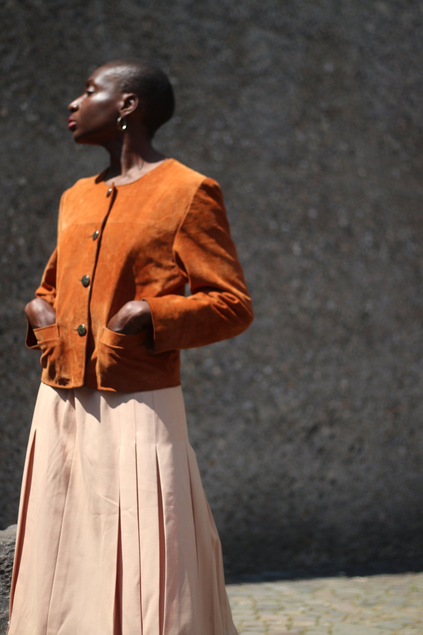 Vintage Suede Jacket| 80s band collar brown blazer with statement buttons| Minimalist cropped design