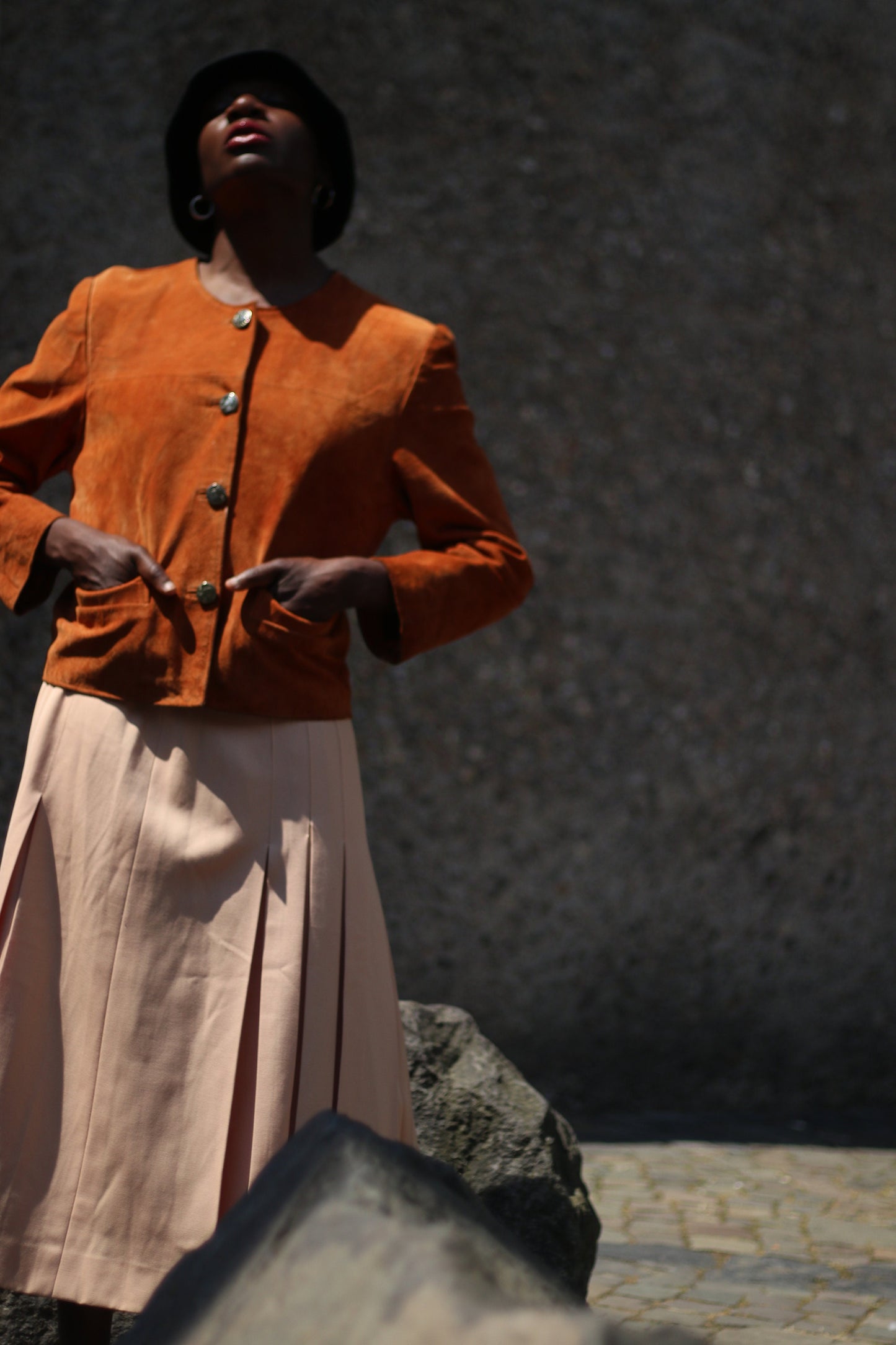 Vintage Suede Jacket| 80s band collar brown blazer with statement buttons| Minimalist cropped design