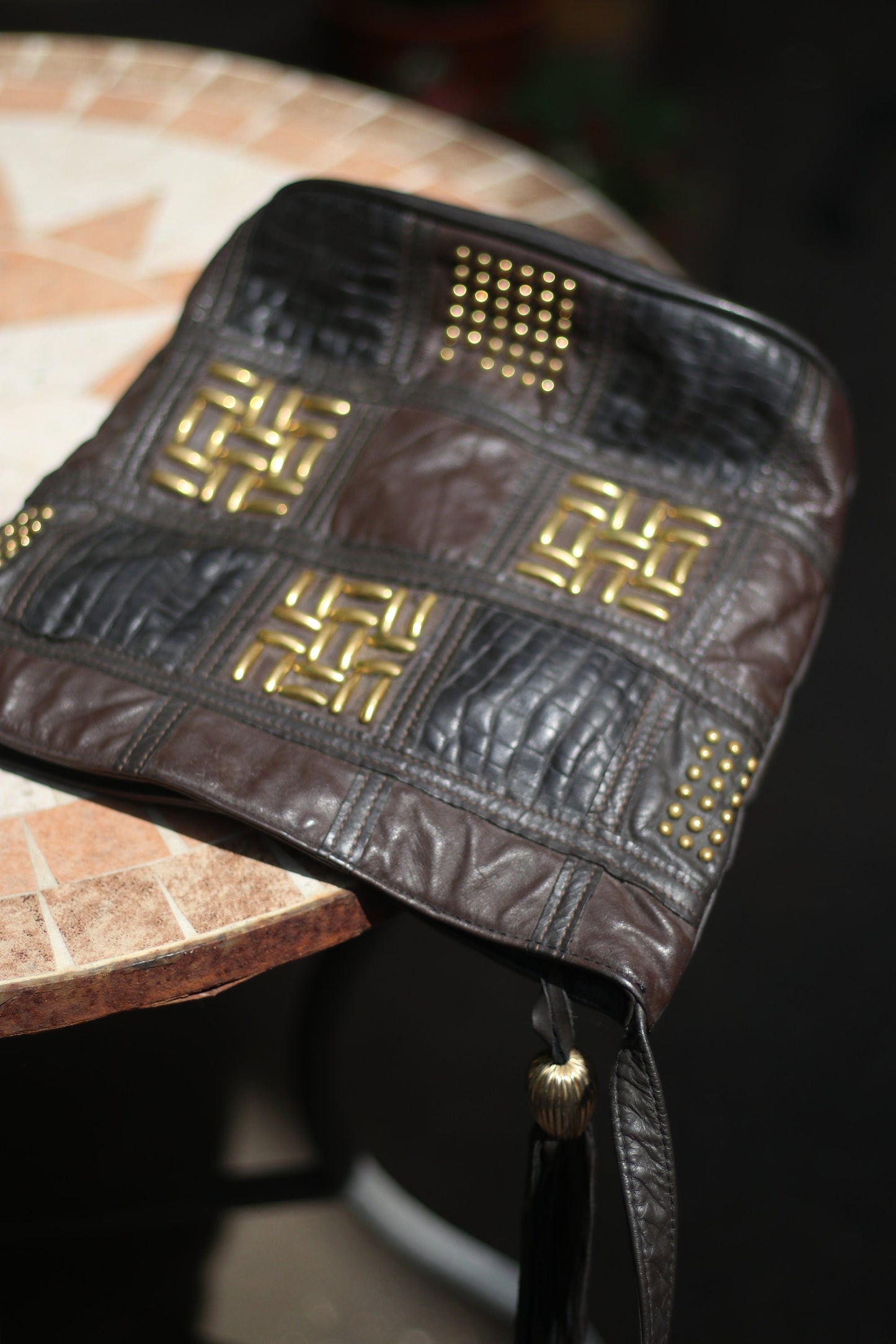 80s faux leather bag Vintage vegan shoulderbag with gold colored details and tassels