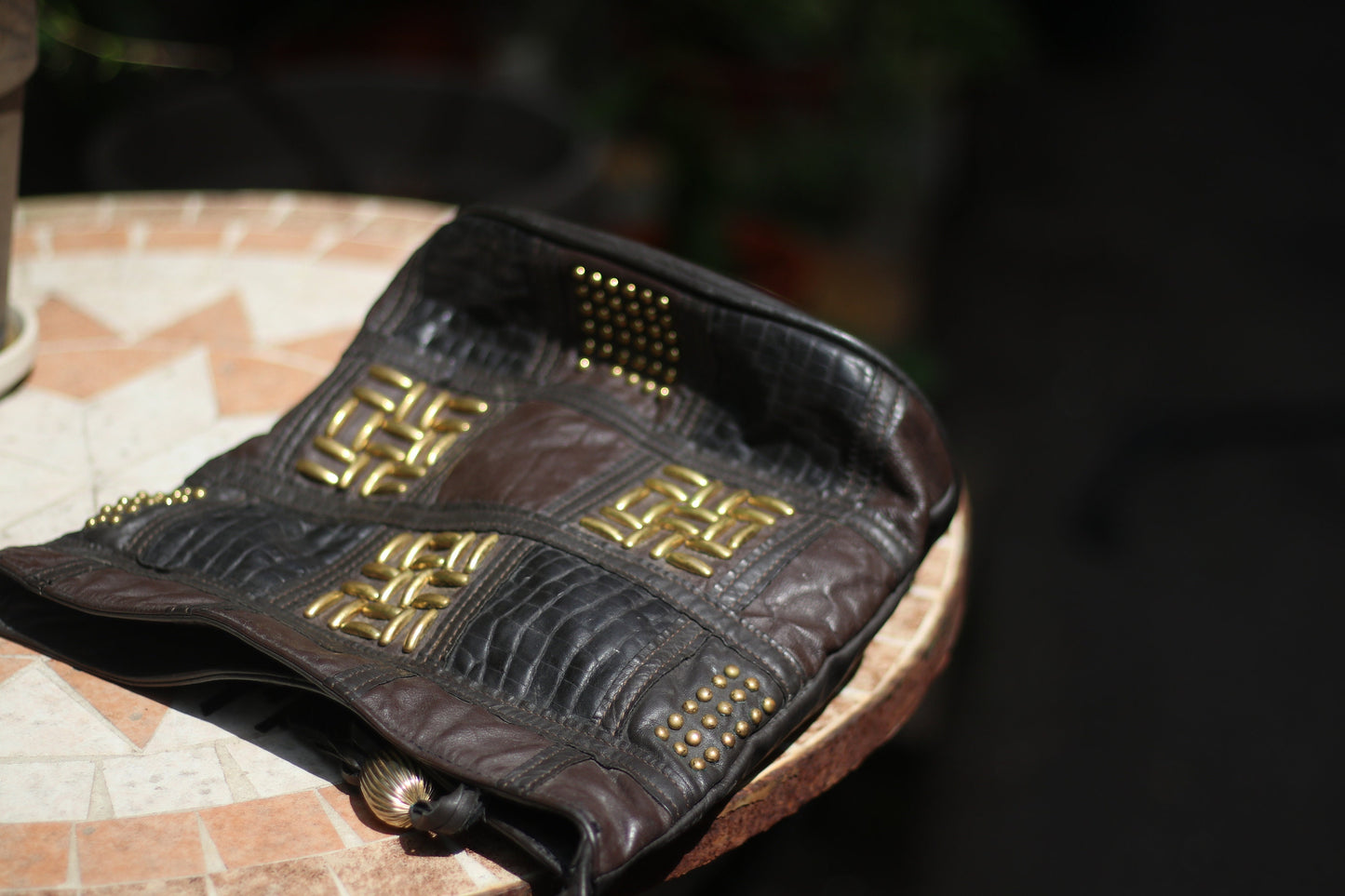 80s faux leather bag Vintage vegan shoulderbag with gold colored details and tassels