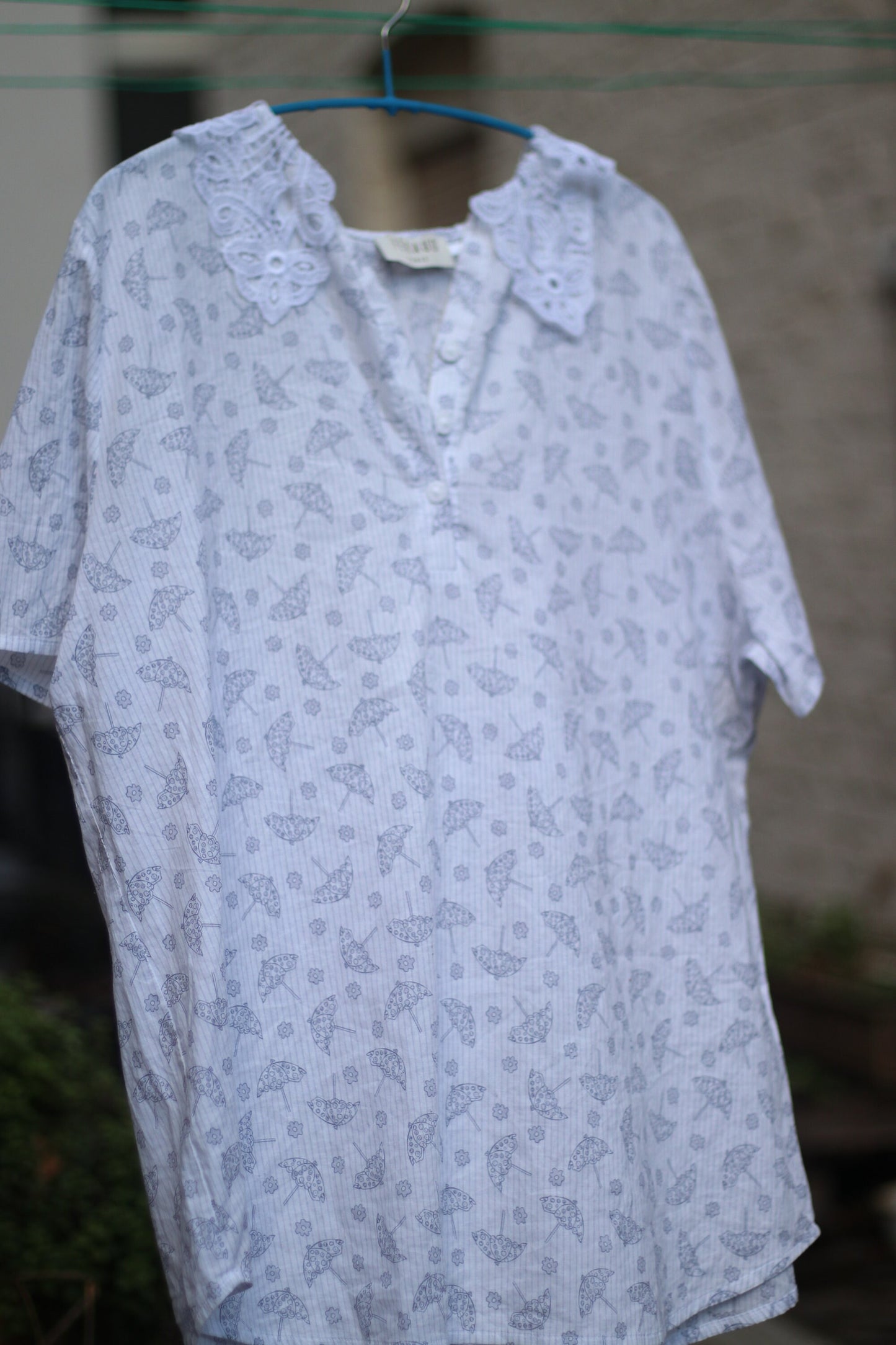 90s Feraud Paris Summer Blouse| Vintage White Blouse with blue umbrella print | Statement collar shirt