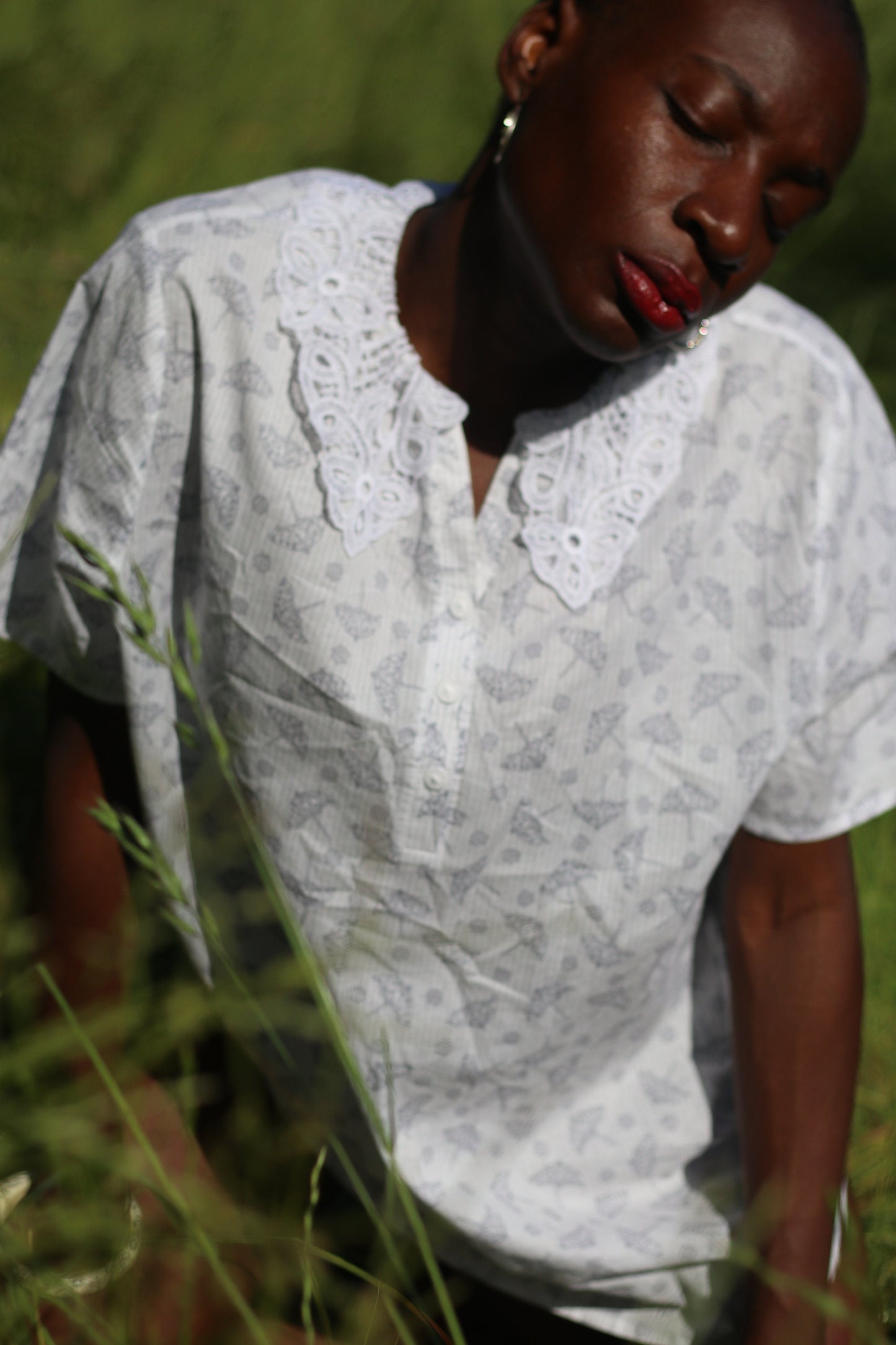 90s Feraud Paris Summer Blouse| Vintage White Blouse with blue umbrella print | Statement collar shirt