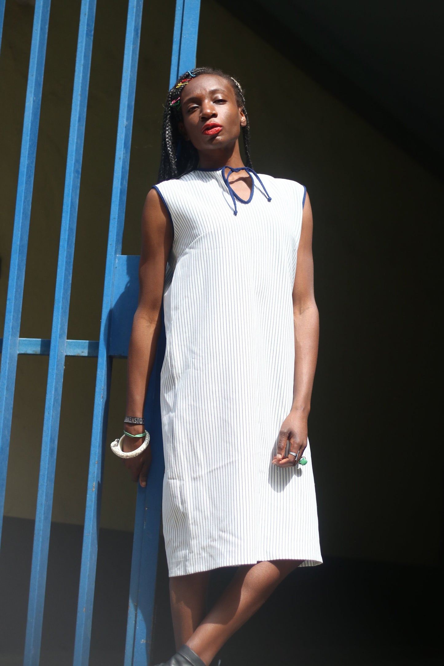 Vintage Striped Dress | Sleeveless blue and white summer dress | Breton striped design with tie