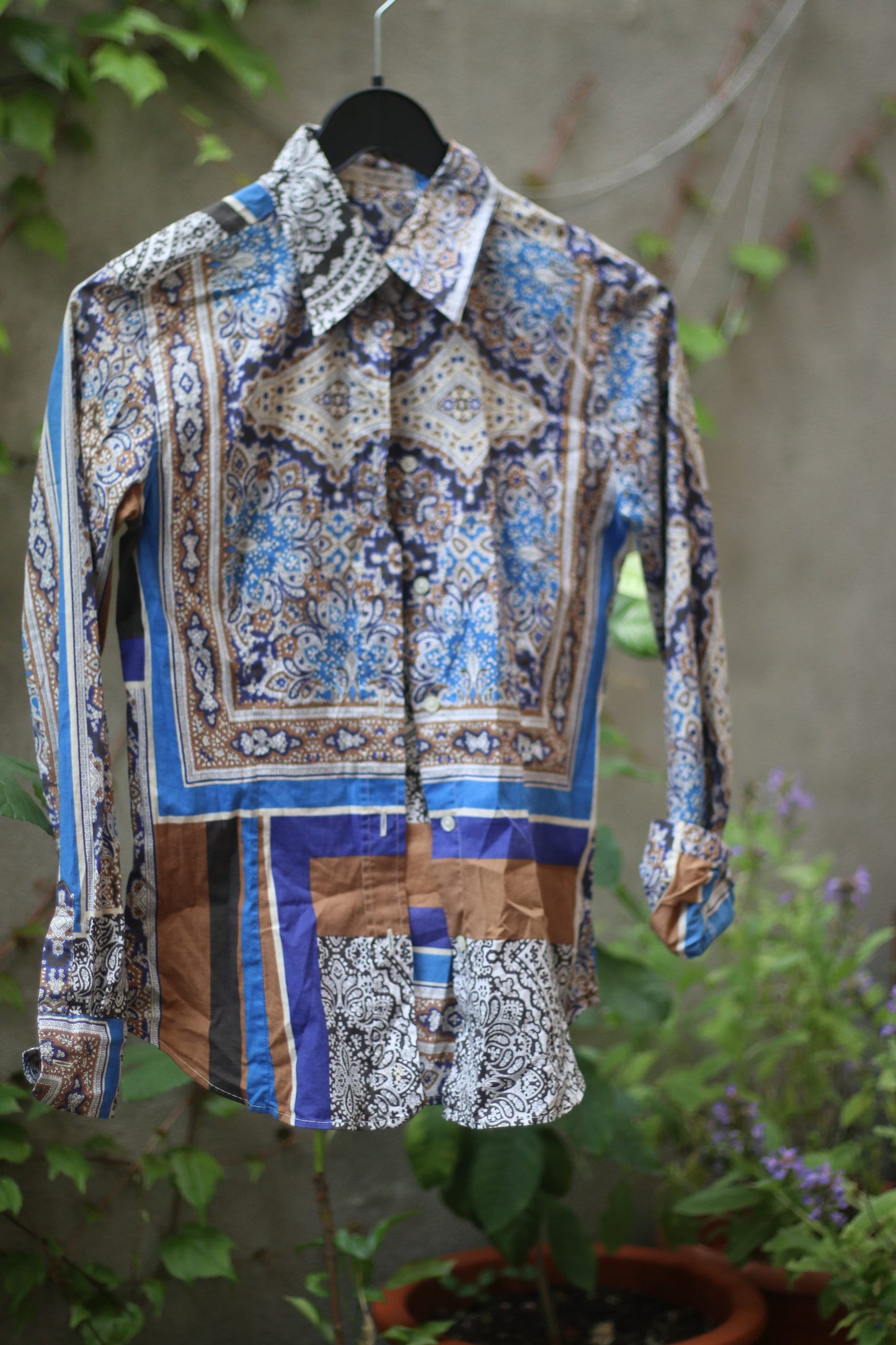 90s Etro blouse | Vintage Paisley Print Buttoned Down Shirt| Maximalist Cotton blend blue and brown design