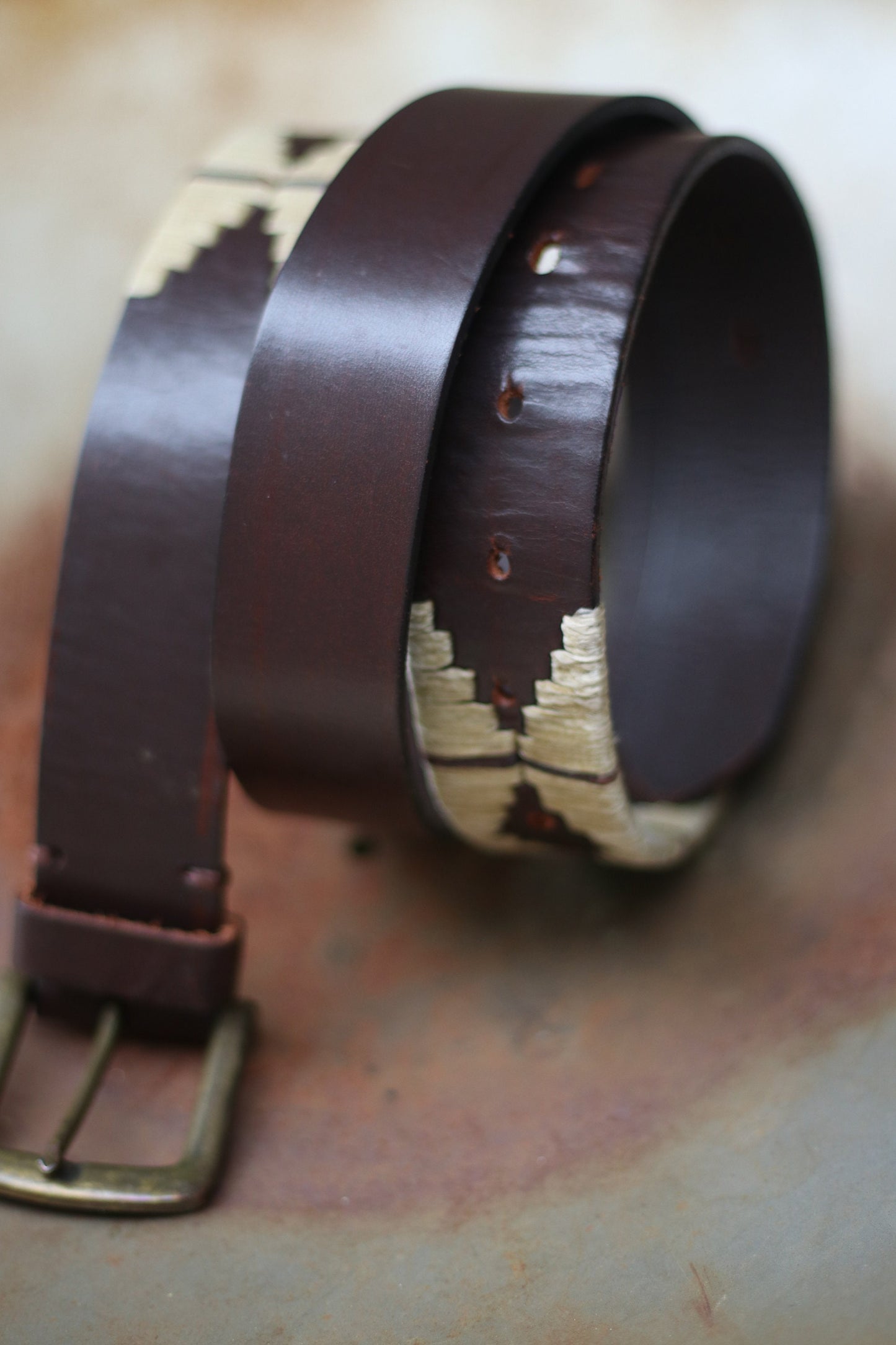 Vintage western inspired belt | 70s brown belt with statement woven details | Bohemian brown design with abstract geometric patterns