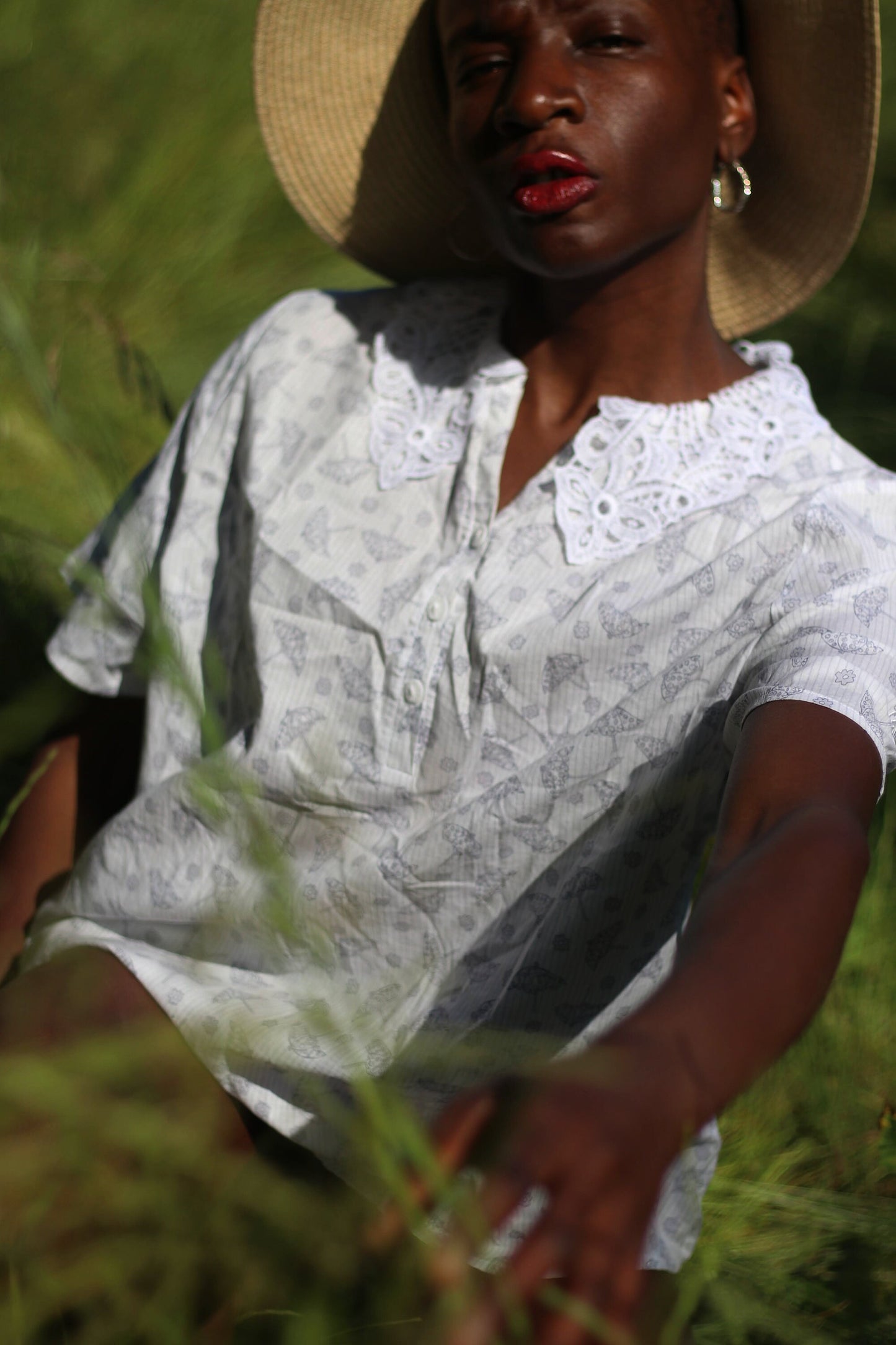 90s Feraud Paris Summer Blouse| Vintage White Blouse with blue umbrella print | Statement collar shirt