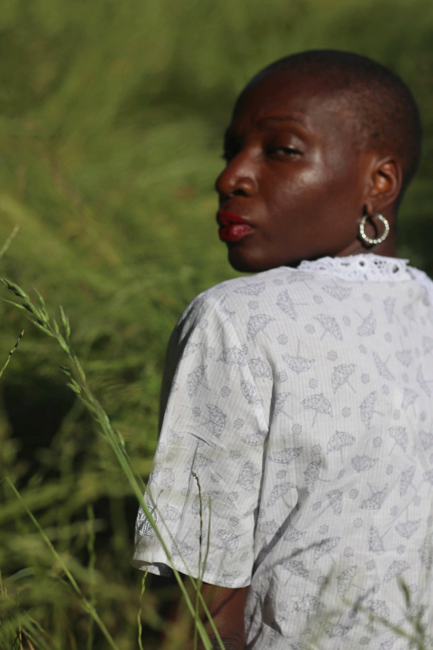 90s Feraud Paris Summer Blouse| Vintage White Blouse with blue umbrella print | Statement collar shirt