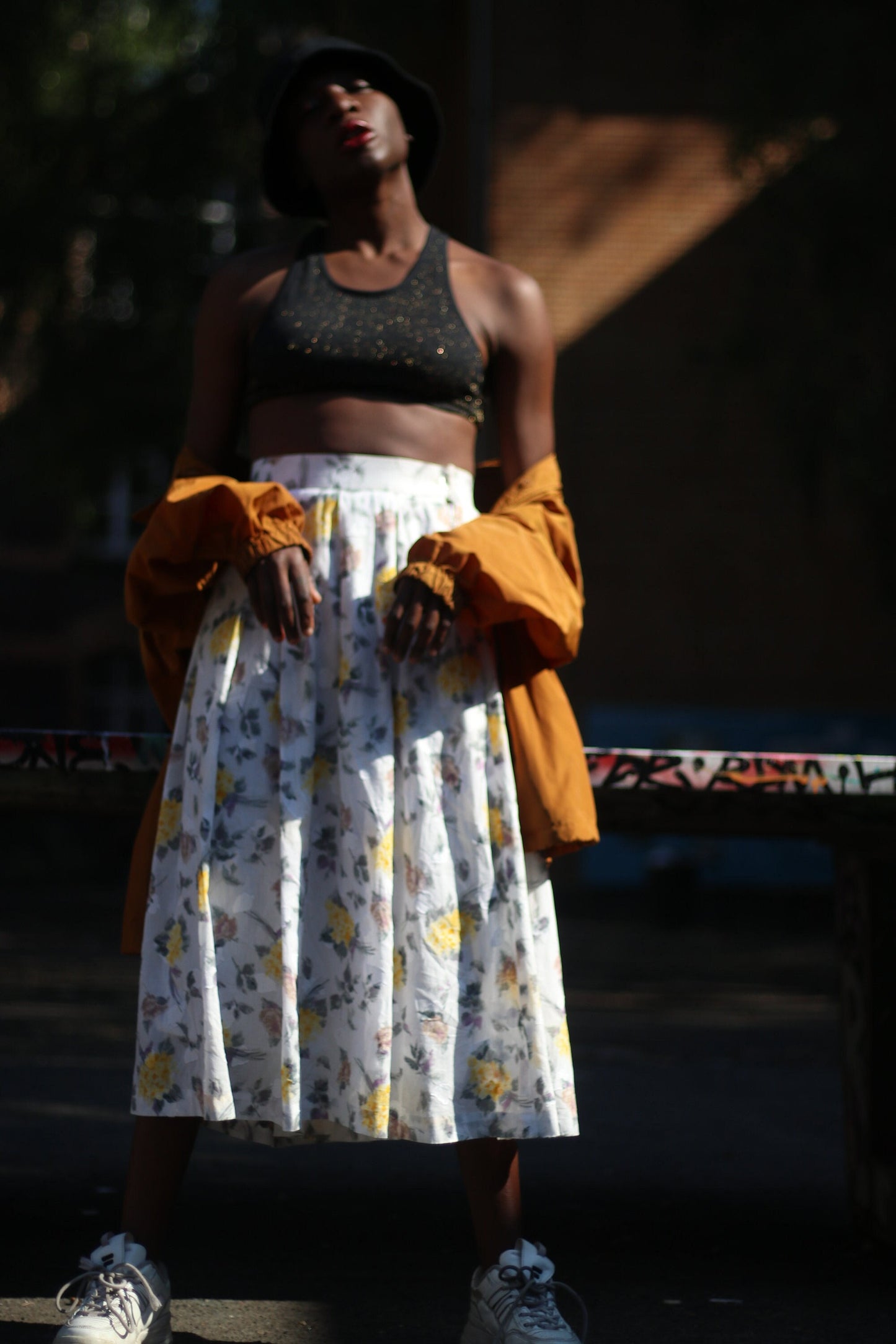 Vintage Skirt with Floral Print | Bohemian pleated Midi skirt in yellow and white