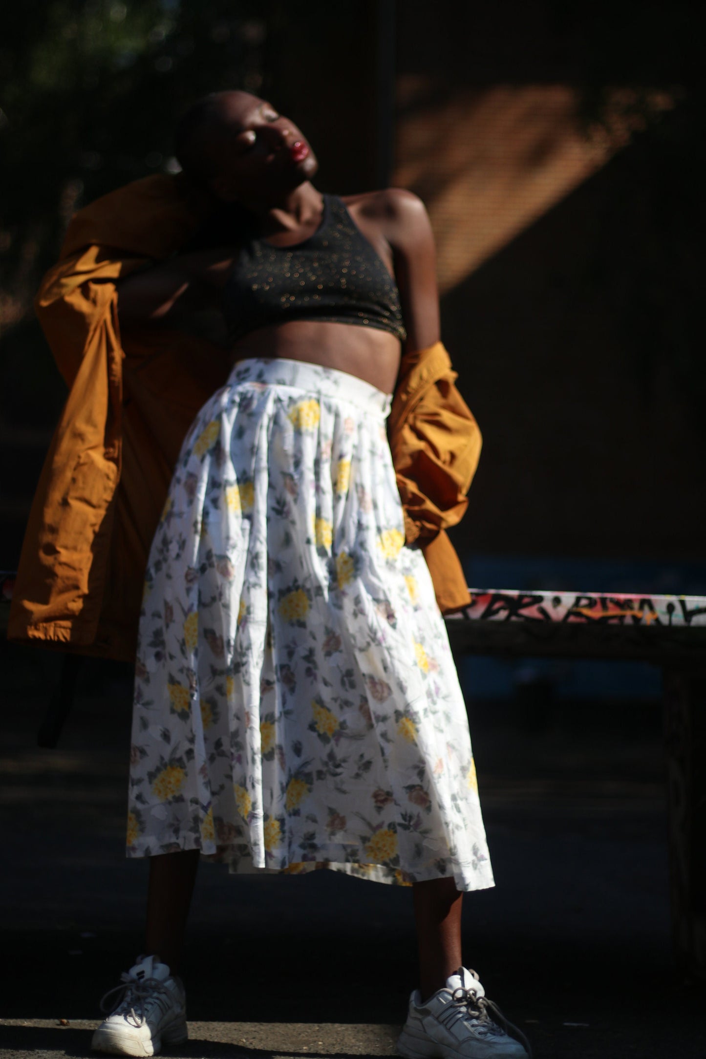 Vintage Skirt with Floral Print | Bohemian pleated Midi skirt in yellow and white