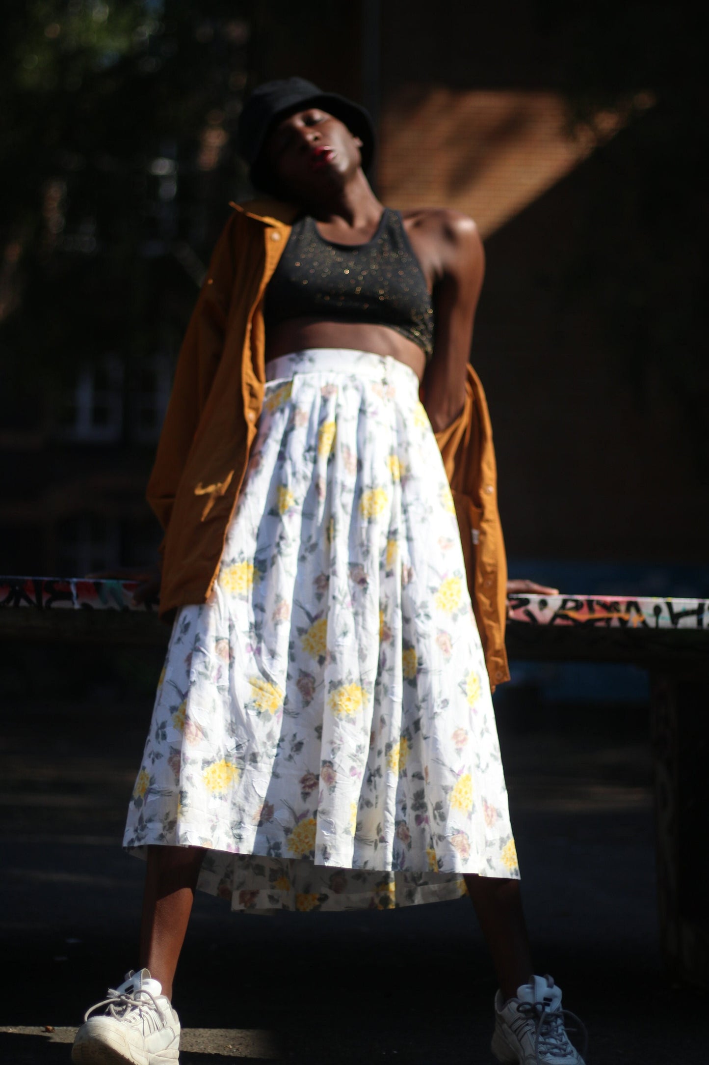Vintage Skirt with Floral Print | Bohemian pleated Midi skirt in yellow and white