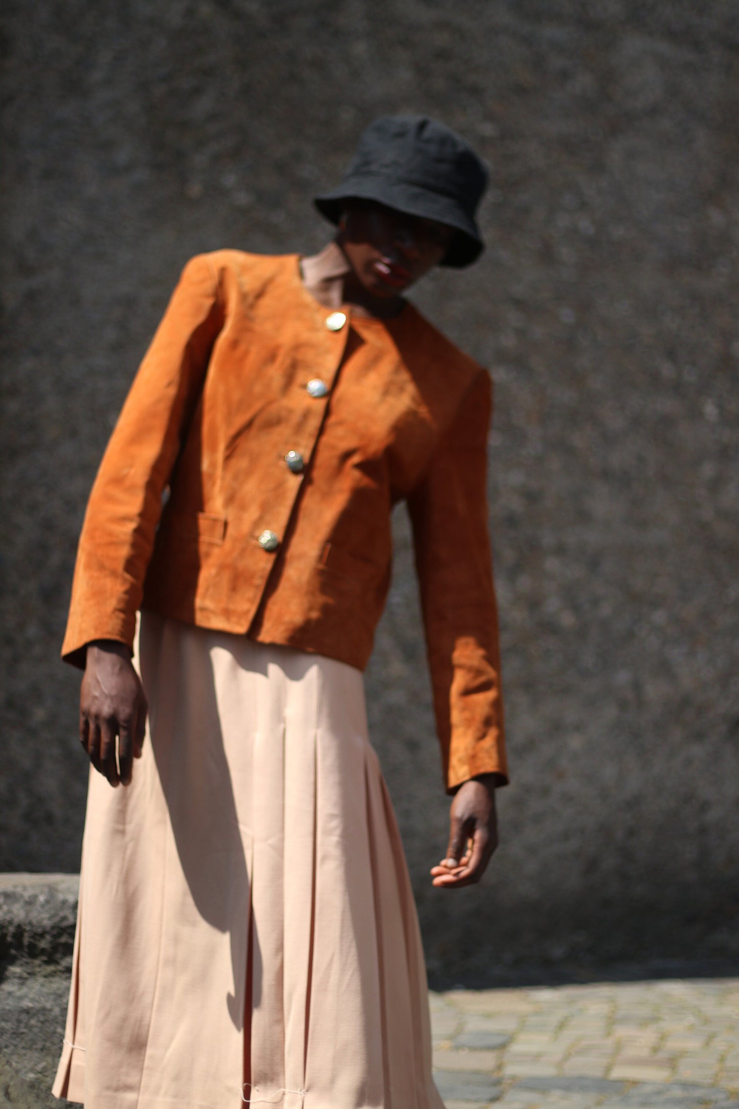 Vintage Suede Jacket| 80s band collar brown blazer with statement buttons| Minimalist cropped design