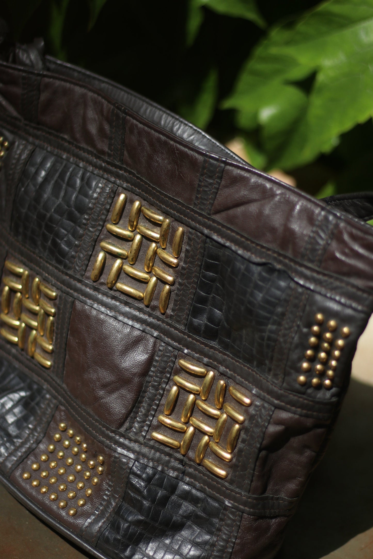 80s faux leather bag Vintage vegan shoulderbag with gold colored details and tassels